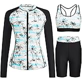 Daci Women 3 Piece Rash Guard - 3PC Long Sleeve Zip up Swim Shirt Sports Bra Modest Swimsuit with Shorts