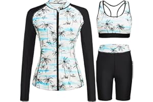Daci Women 3 Piece Rash Guard - 3PC Long Sleeve Zip up Swim Shirt Sports Bra Modest Swimsuit with Shorts