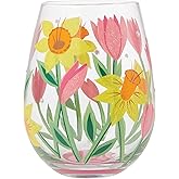 Enesco Lolita Designs Spring Bloom Flowers Hand-Painted Artisan Stemless Wine Glass, 20 Ounce, Multicolor