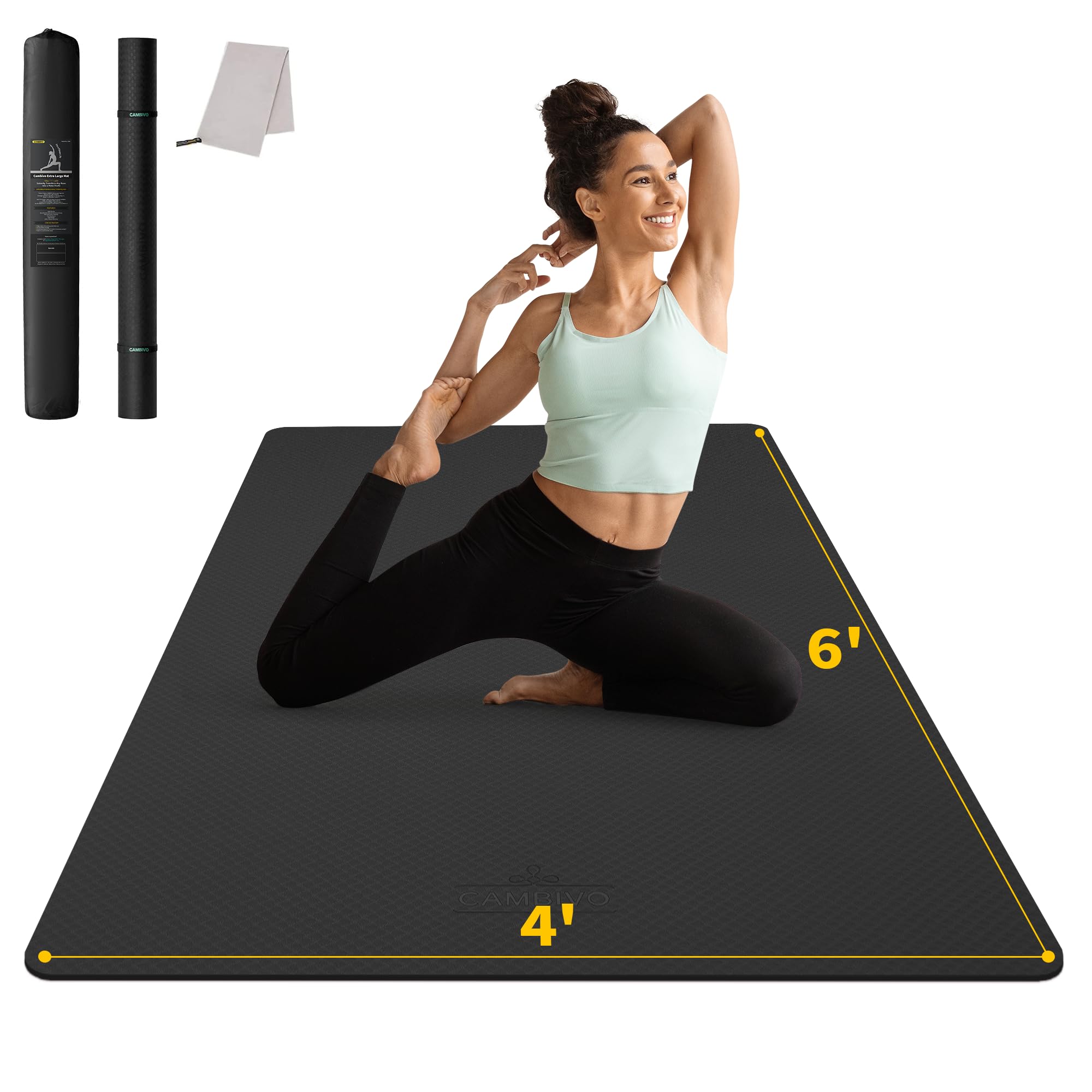 CAMBIVO Large Yoga Mat (6'x 4'), Extra Wide Workout Mat for Men and Women, 1/3 &1/4 Thick Exercise Fitness TPE Mat for Home Gym, Yoga, Pilates, Workout (Black),6mm