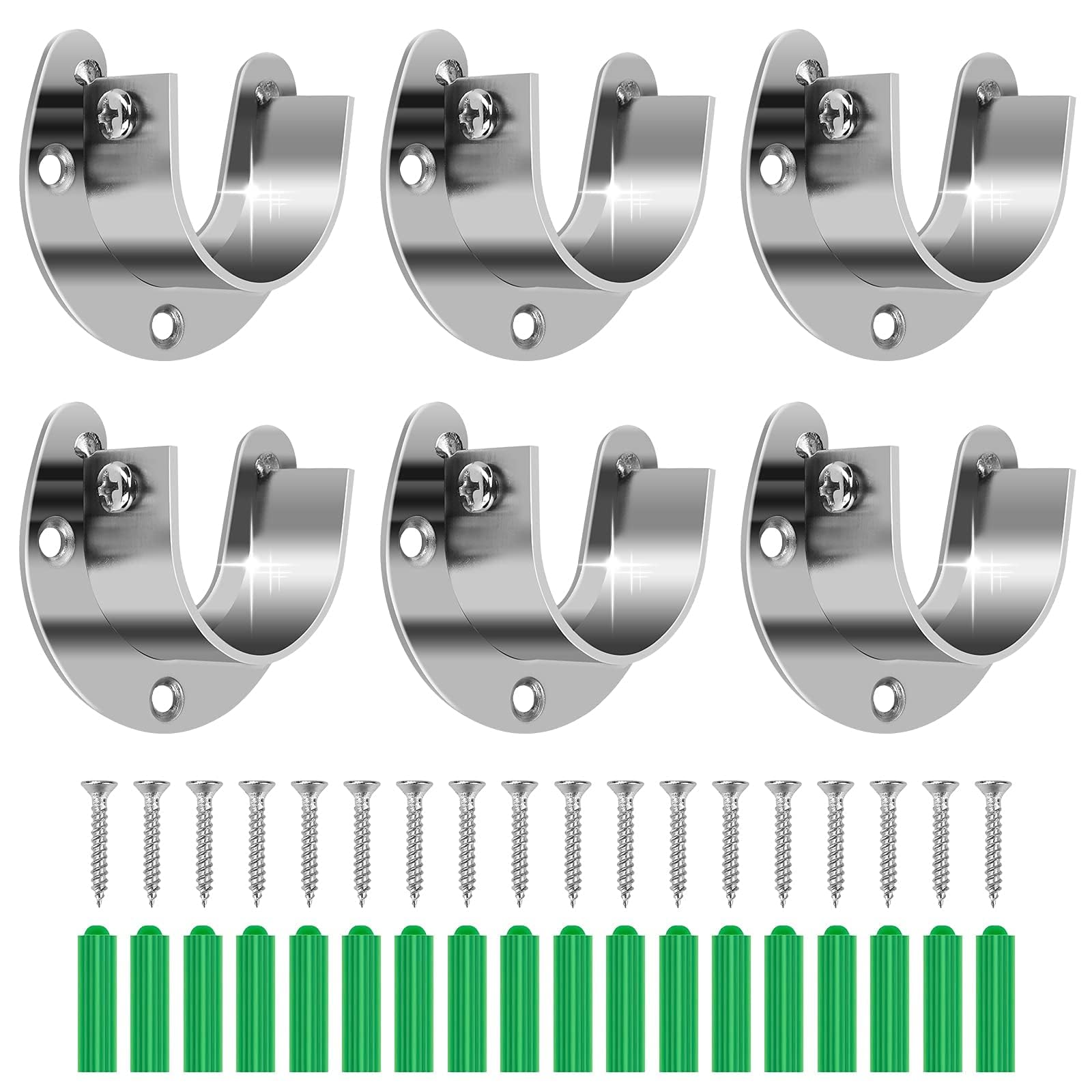 Photo 1 of 6-Pack Stainless Steel Closet Rod Brackets, U-Shaped Heavy Duty Flange Sockets for 1-1/4 Inch Rods, Rust-Proof Closet Rod Holders with 18 Screws & Anchors | Wardrobe, Kitchen, Balcony