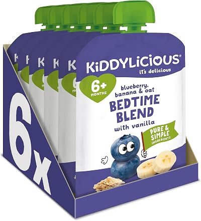 Kiddylicious Bedtime Blend Pouches Blueberry Banana Oat 6+ Months 6 Pack