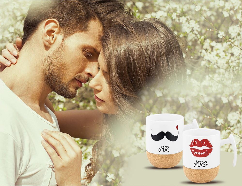Love-KANKEI Mr and Mrs Ceramic Mugs with Novelty Cork Bottom - Wedding Gifts/Valentines Gifts for Couples - Set of 2/10.5 oz - Image 3