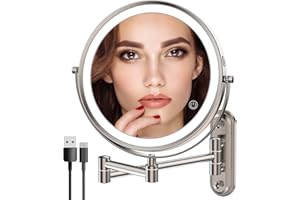 Rocollos Two-Fingers-Width Narrow Base Rechargeable Wall Mounted Lighted Makeup Mirror,3 Color Lights Dimmable Touch Screen,8 Inch LED Double Sided 1X/10X Magnifying Mirror 13 Inch Retractable