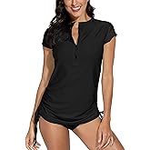 BesserBay Women's Rash Guard UPF 50+ Ruched Swim Shirt 1/4 Zip Performance Top S-XXL