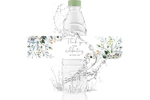 URROMA Wedding Water Bottle Labels, 50Pcs Glossy Floral Waterproof Wrappers Wraparound Rectangle Label Thank You Stickers for Bridal Shower Birthday