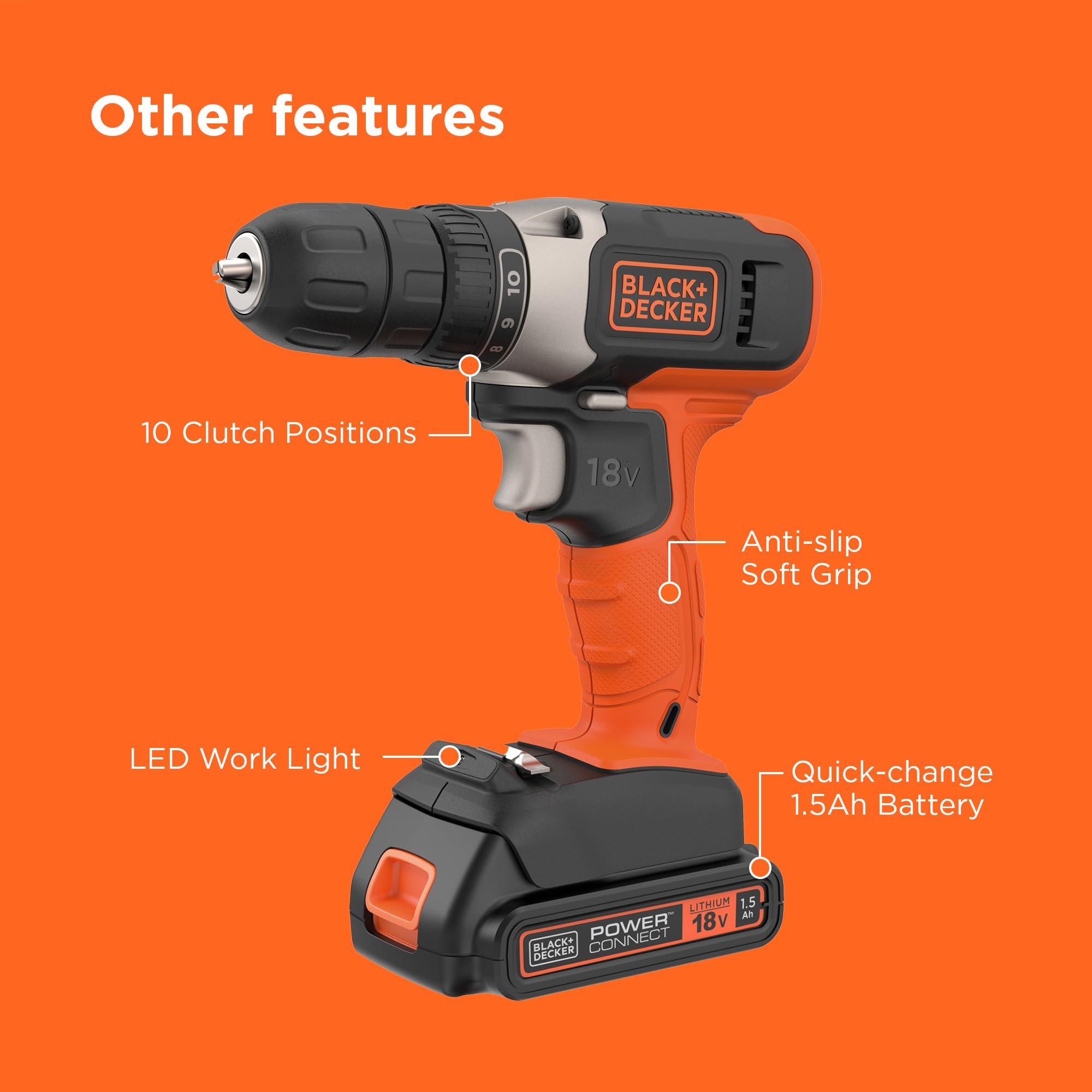BLACK+DECKER 18V Cordless 37Nm Torque Drill Driver with LED Worklight, 1.5Ah Battery & Charger, BCD001C1-GB