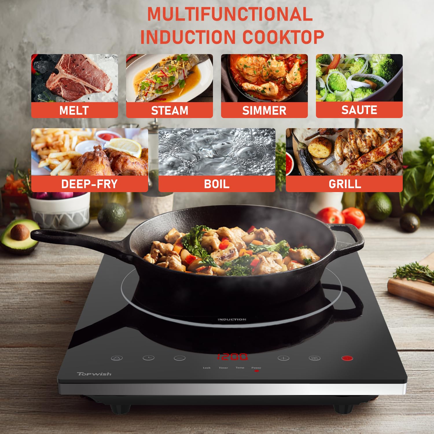 Induction Cooktop, TOPWISH Portable Hot Plate Electric Induction Burner, 10 Temp Levels up to 464°F, 110-120V Electric Stove Top Cooker with High Energy Efficiency & Kids Lock for Cooking, 1600W