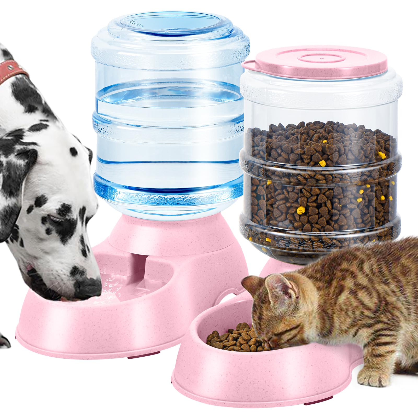 Photo 1 of 2 Pack Automatic Cat Feeder and Water Dispenser in Set Gravity Food Feeder and Waterer Pet Food Bowl for Small Medium Dog Pets Puppy Kitten Big Capacity 1 Gallon x 2 (Pink)