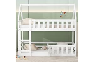 GLANZEND Twin Over Twin House Bunk Bed with Fence and Door, Wood Bedroom Bedframe for Boys, Girls, Home, Apartment, Kids, Guest Room,