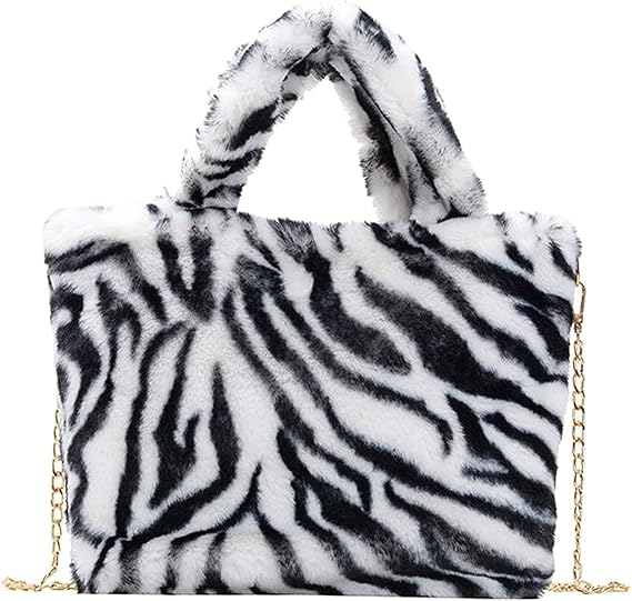 Amazon Co Jp Milageto 冬のファッションショルダーバッグ レディースヒョウ柄チェーンストラップぬいぐるみハンドバッグメッセンジャーバッグソフト暖かいファークロスボディバッグ ゼブラストライプ 服 ファッション小物