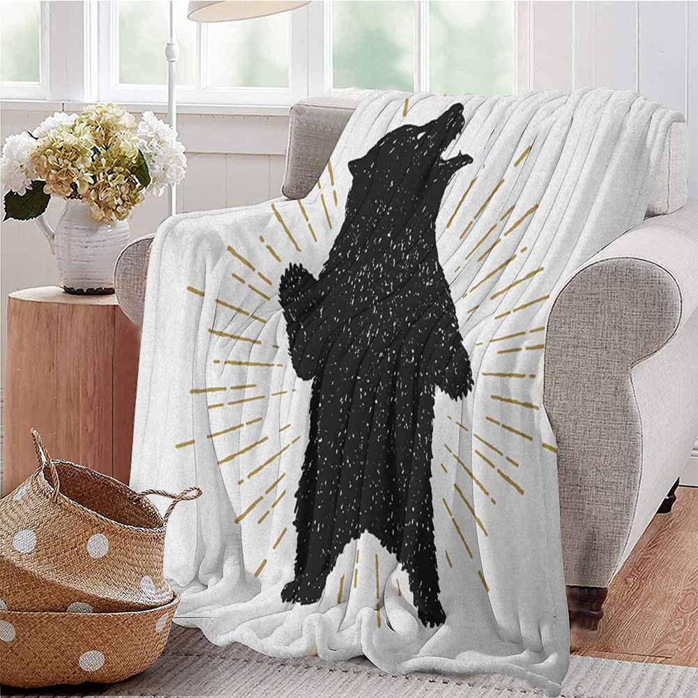 Luoiaax Bear Commercial Grade Printed Blanket Sketch of Tribal Icon with Roaring Grizzly Bear and Sunburst Effect Vintage Wildlife Queen King W60 x L50 Inch Black White