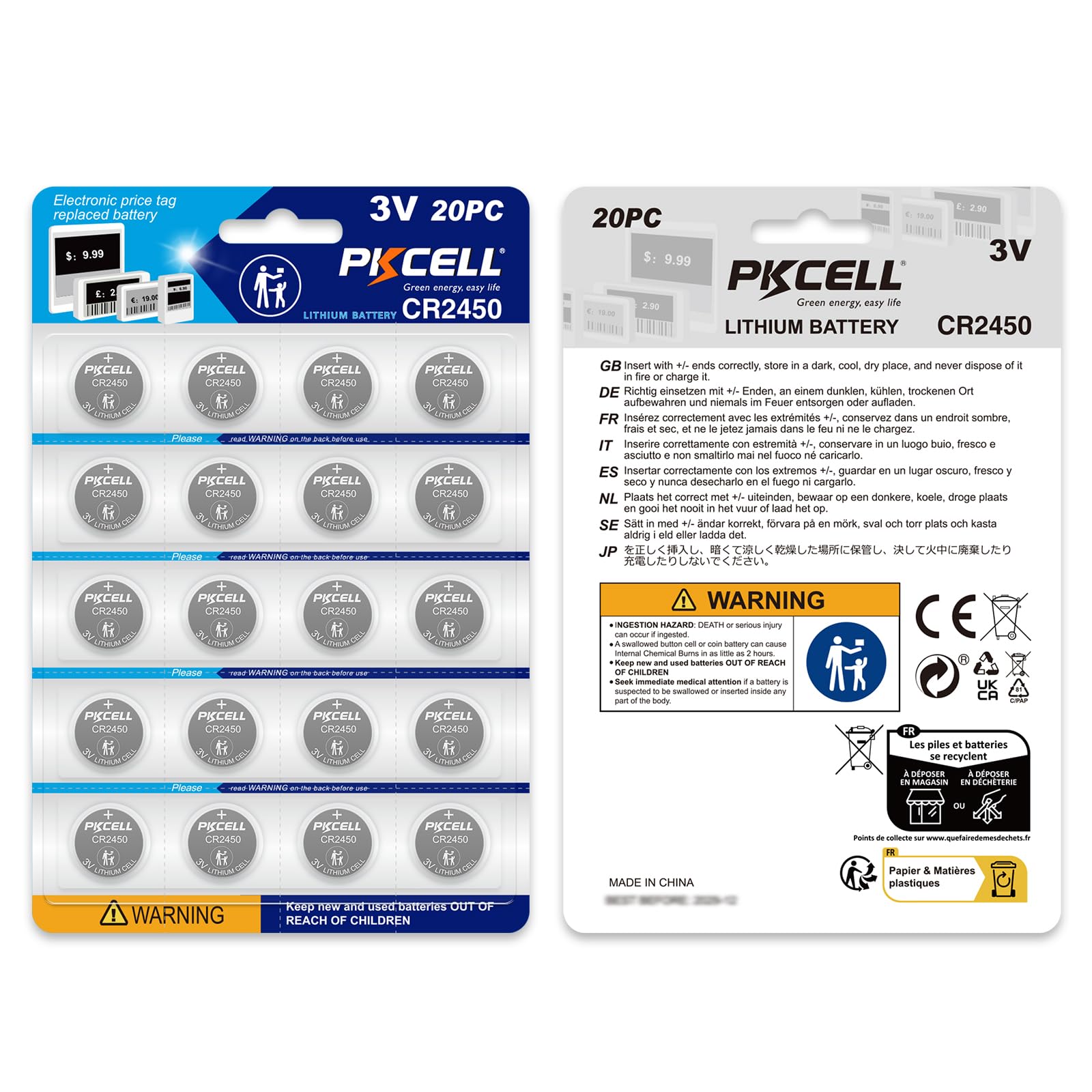 PKCELL 20 Pack CR2450 Battery CR 2450 3V Lithium Battery, 5-Year Shelf Life,High Capacity, Long Lasting Power, Mercury-Free