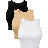 COZYPOIN 3 Pcs Women’s Tank Tops Crop Racerback Sports Top Summer Basic Seamless Ribbed Sleeveless Crew Neck Yoga Gym Shirts(Black+White+Khaki-M)