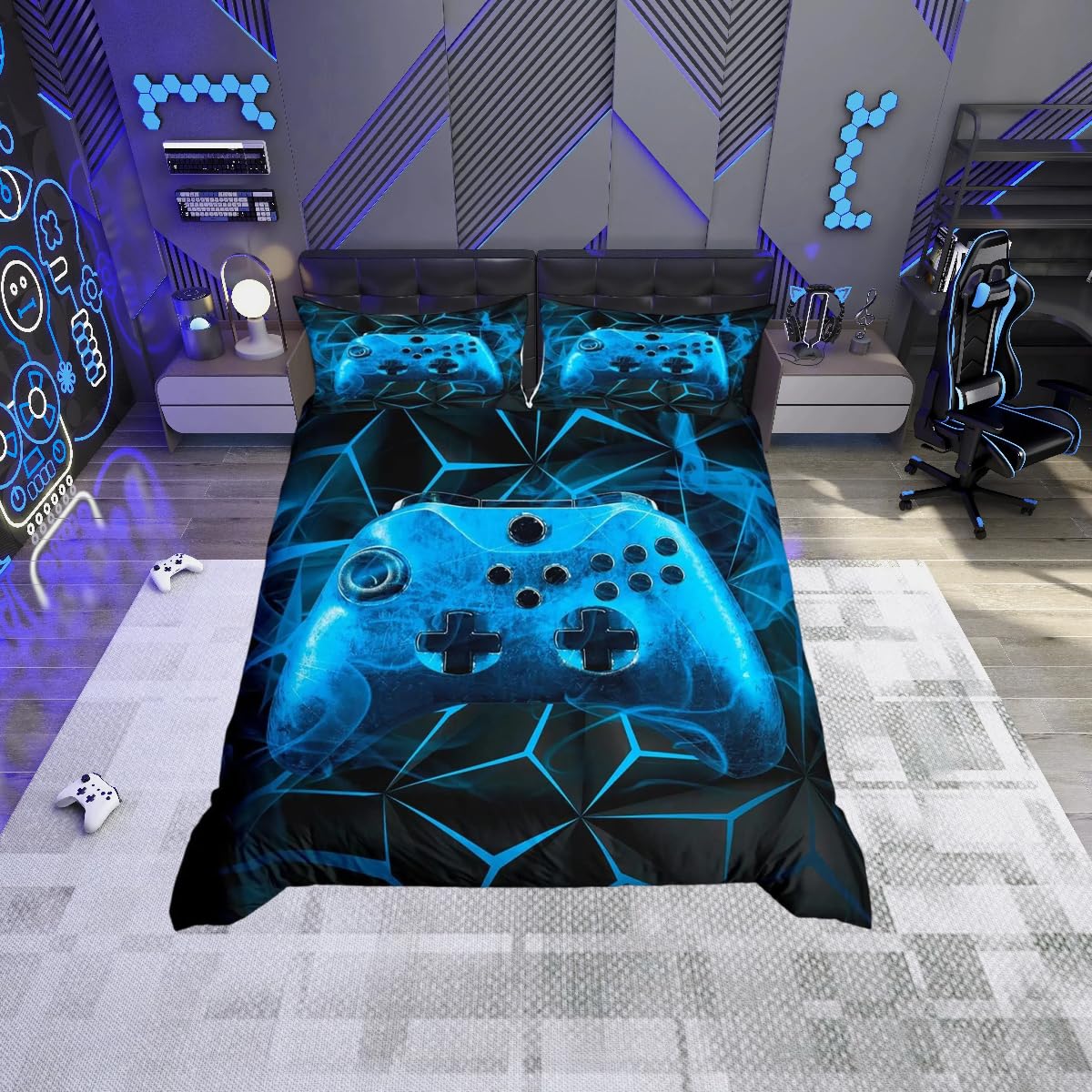 Loussiesd Boys Gaming Comforter Cover Games Bedding Set Kids Teens Video Game Controller Duvet Cover Set Gamer Console Action Buttons Bedspread Cover Soft Bright Children Bedroom Zipper Blue Double