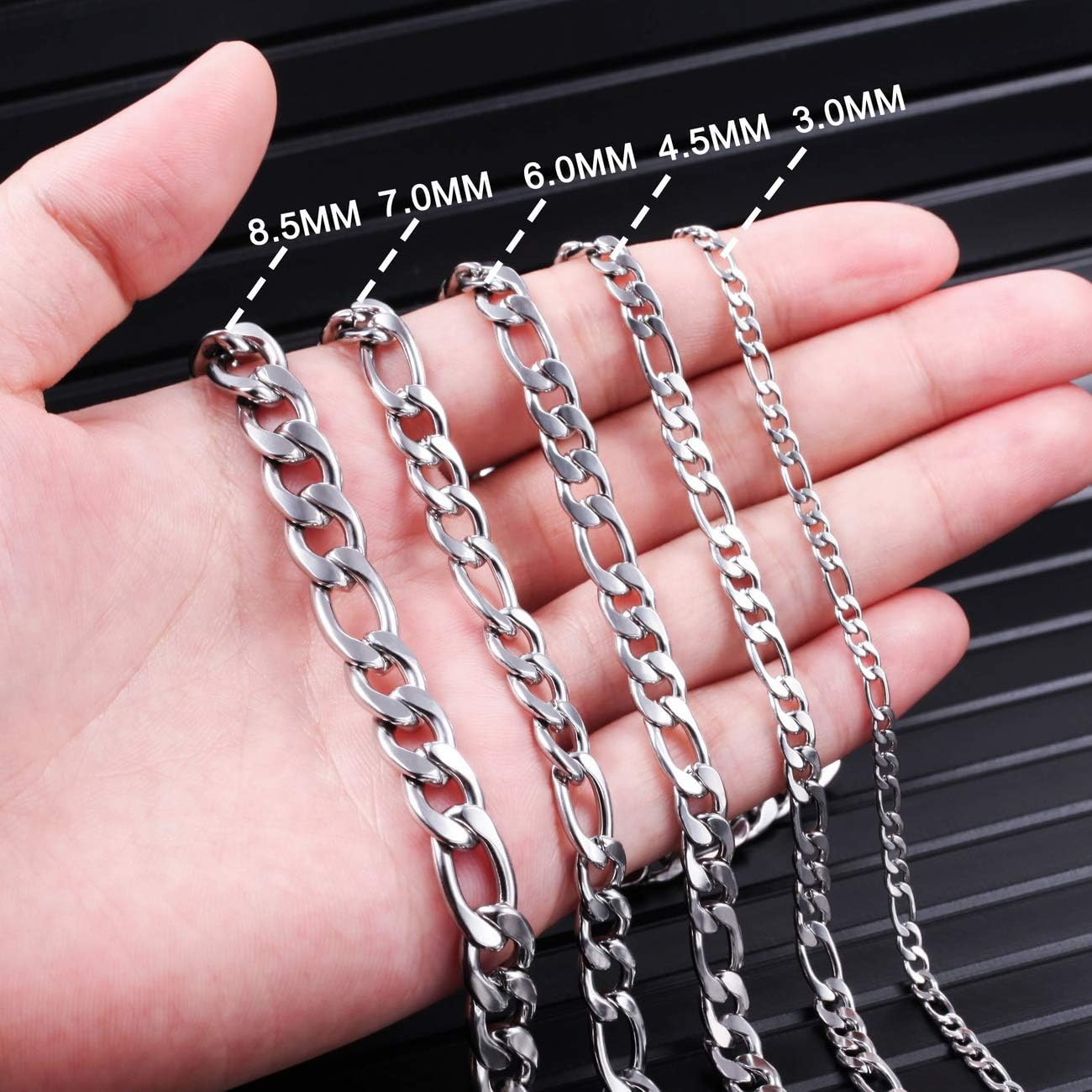 MOWOM Silver Color Cuban Link Chain Necklace Water Resistant Mens Stainless Steel Necklace for Women Boys Kids Thin Figaro Necklace Chain with Gift Bag (4.5MM Wide, 22 Inches Long) | 