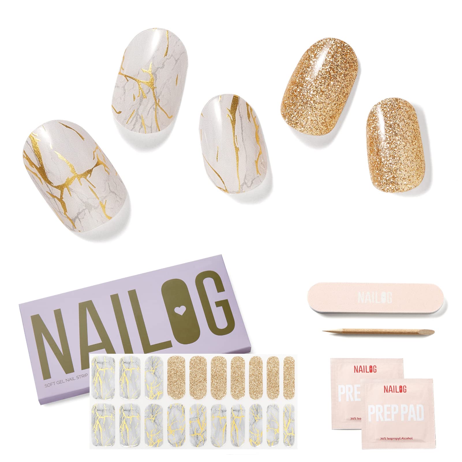 NAILOG Semi Cured Gel Nail Strips, Extra Long Nail Polish Strips (20 Pieces), Long Lasting Semi Cured Nail Stickers with Soft Glossy Gel Finish, White Marble