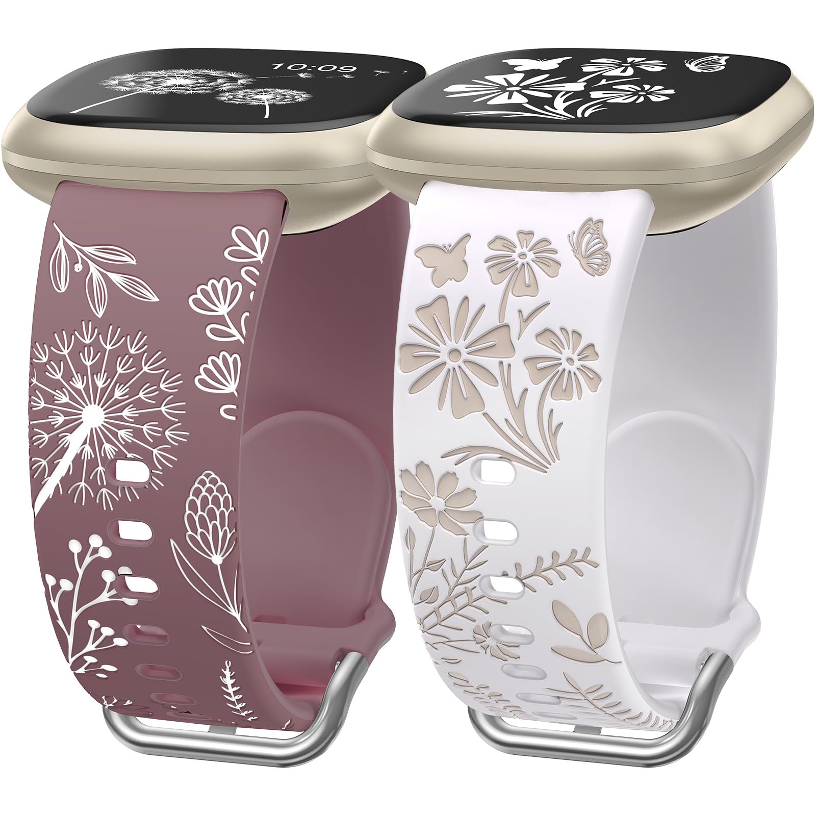 Wearlizer 2 Pack Floral Engraved Strap Compatible with Fitbit Versa 3 Straps/Versa 4 /Sense 2/Sense Bands Women, Cute Two-Tone Flower Soft Silicone Sport Bracelet Smoky Purple/White White/Starlight