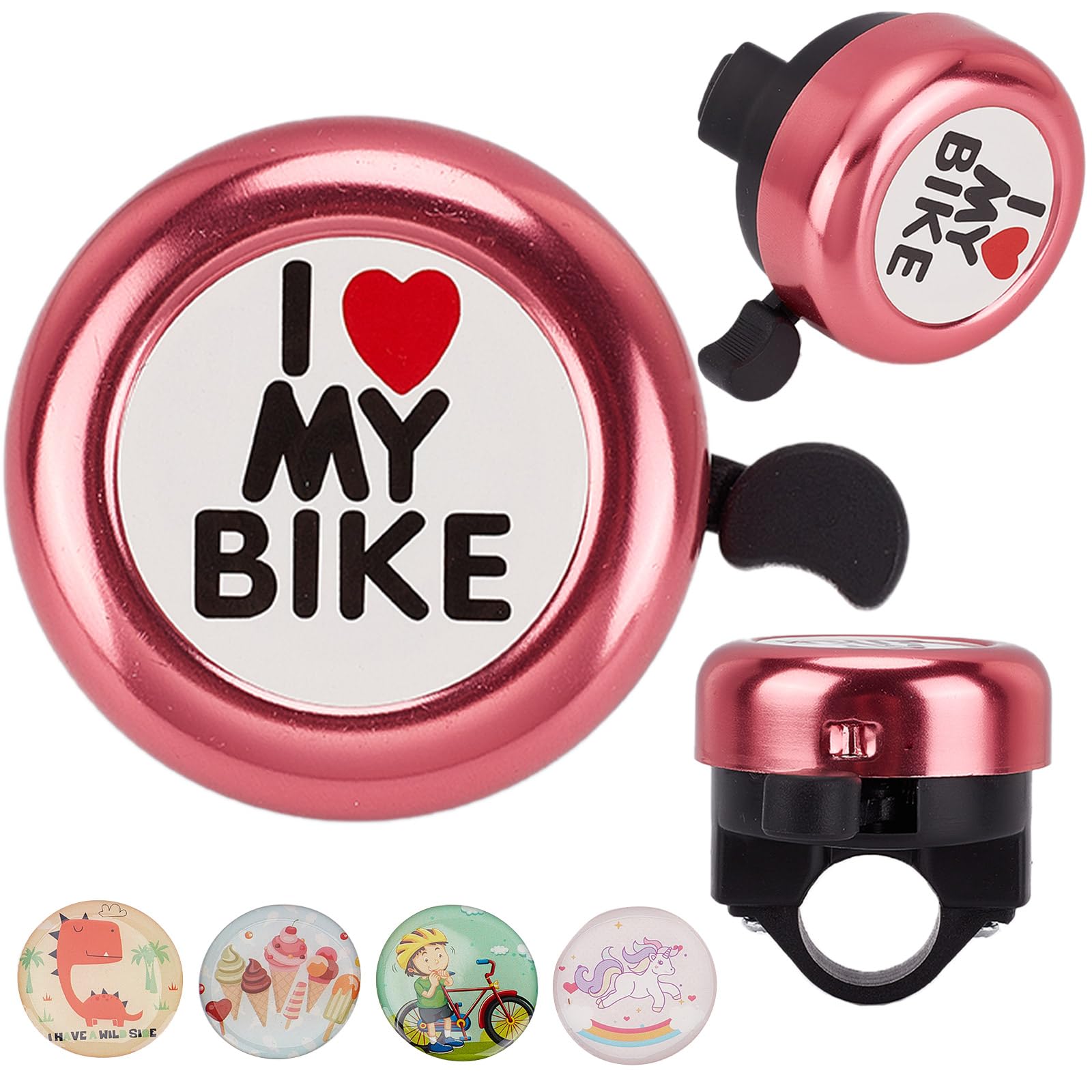 CREATCABIN I Love My Bike Bicycle Bell Aluminum Alloy Bike Bells Ring Round Pink Loud Sound Cycling Handlebars Bells with 4Pcs Resin Stickers for Road Mountain Bike Adults Bicycle Accessories 2x2Inch