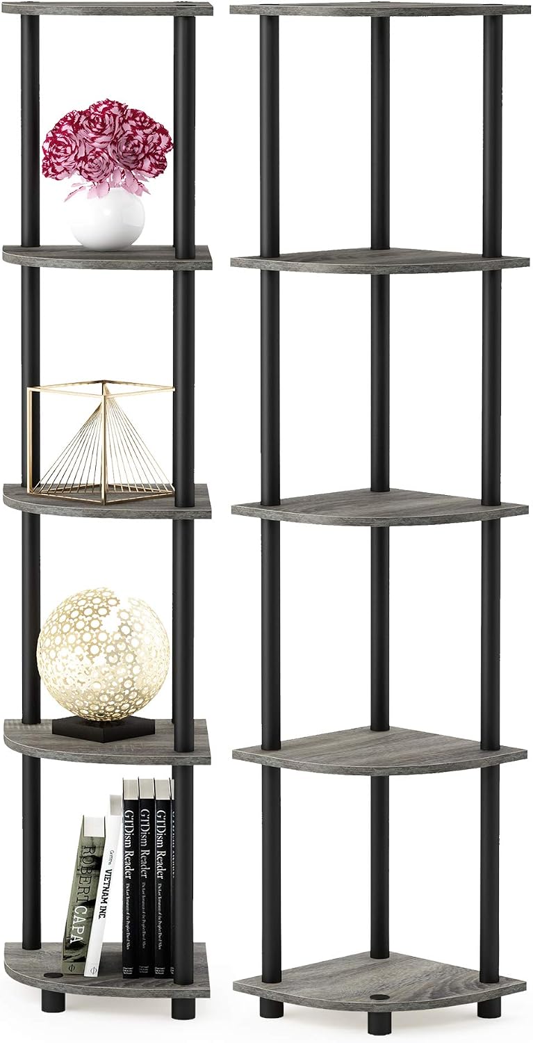 Furinno TURN-N-TUBE Corner Shelf Set of 2, 5-Tier Corner Bookshelf, Open Storage Shelves - Image 4
