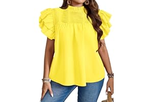 Falechay Womens Summer Tops Plus Size Ruffle Sleeve Blouses Dressy Casual Mock Neck Pleated Tunic Loose Fit Shirts