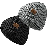 Fingertip WD 2 Pack Beanie for Men Women Warm Winter Cuffed Knit Hat Soft Thermal Ski Hat Unisex,Black and Gray