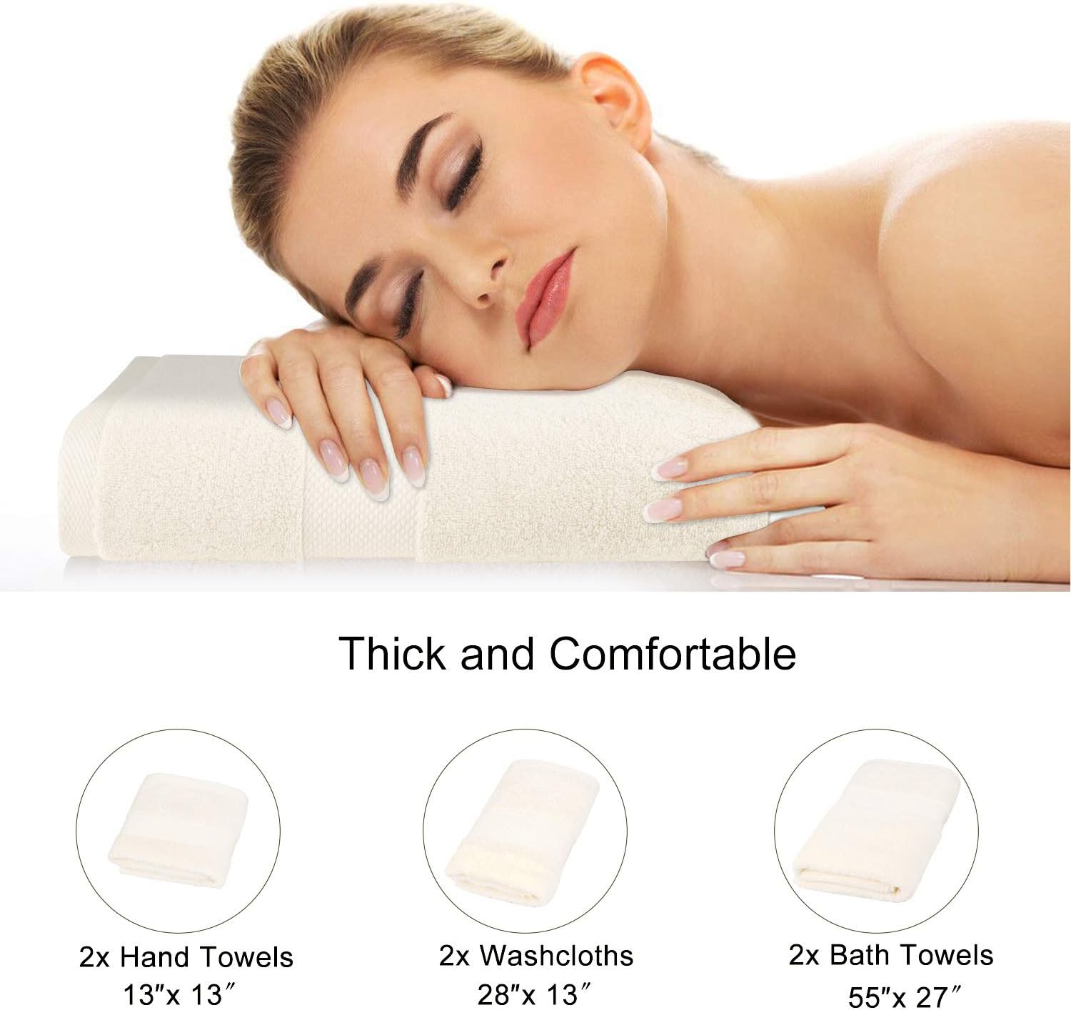 Wonwo 100% Cotton Towel Sets, 600 GSM Luxury Bath Towels 6 Piece Set - 2 Bath Towels, 2 Hand Towels, and 2 Washcloths - Cream: Kitchen & Dining