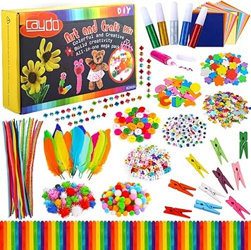 Amazon Com Caydo 1200 Pcs Kids Arts And Crafts Kits Box Pack 19 Styles Colorful And Creative Kits Including Pipe Cleaners Pom Poms Craft Sticks Sequins Glue Letter Beads For Kids Girls Ages