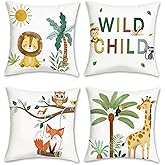 COZZSNUGE Kids Animals Throw Pillow Covers, Lion Fox Giraffe Wild Child Velvety Decorative Pillowcases for Sofa Bed Home Nursery Kids Room Set of 4, 18 x 18 Inches