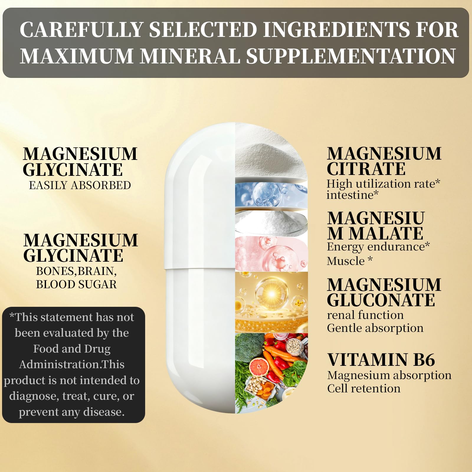 Magnesium Glycinate Supplements 800mg Glycinate,300mg Citrate,200mg Malate,150mg Gluconate Magnesium Complex | 282mg Elemental Mg | with Vitamin B6 | High Absorption | 60 Vegan Tablets | Gluten-Free