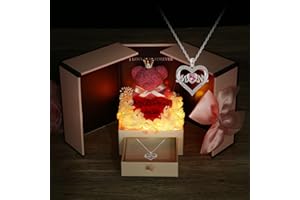 WILDLOVE Preserved Real Red Rose with Mom Necklace and Led Lights, Mom Gifts for Mother's Day, Christmas, Birthday Gifts for Mom from Daughter Son, Forever Flowers Gifts for Mom