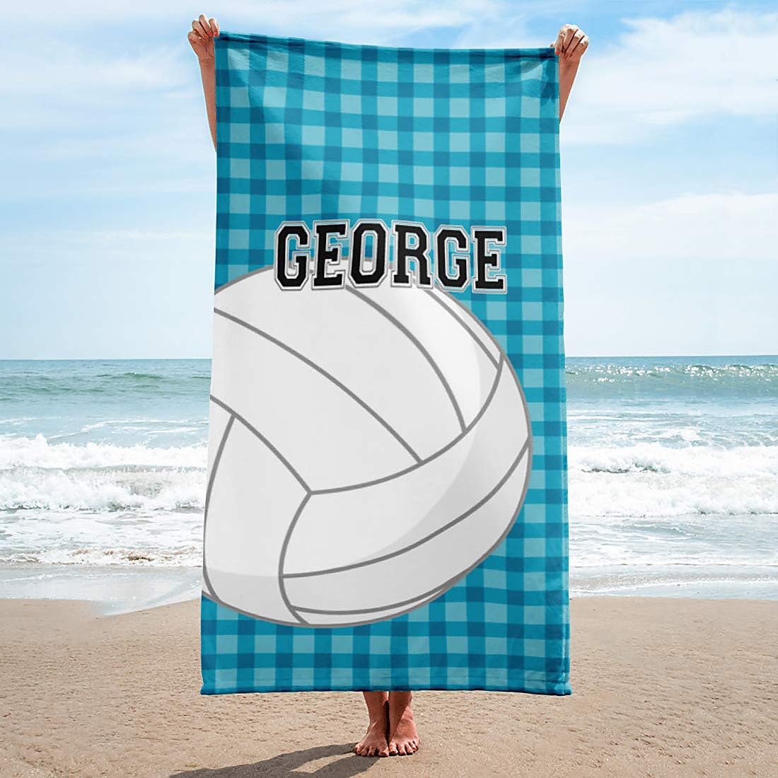 Personalized Beach Towels for Women Kids Girls Boys Adults Men. Custom Name Beach Towel with Name Mermaid Flamingo Pineapple Shark Honeymoon Basketball Baseball Summer Gifts (Volleyball, 32" x 64")