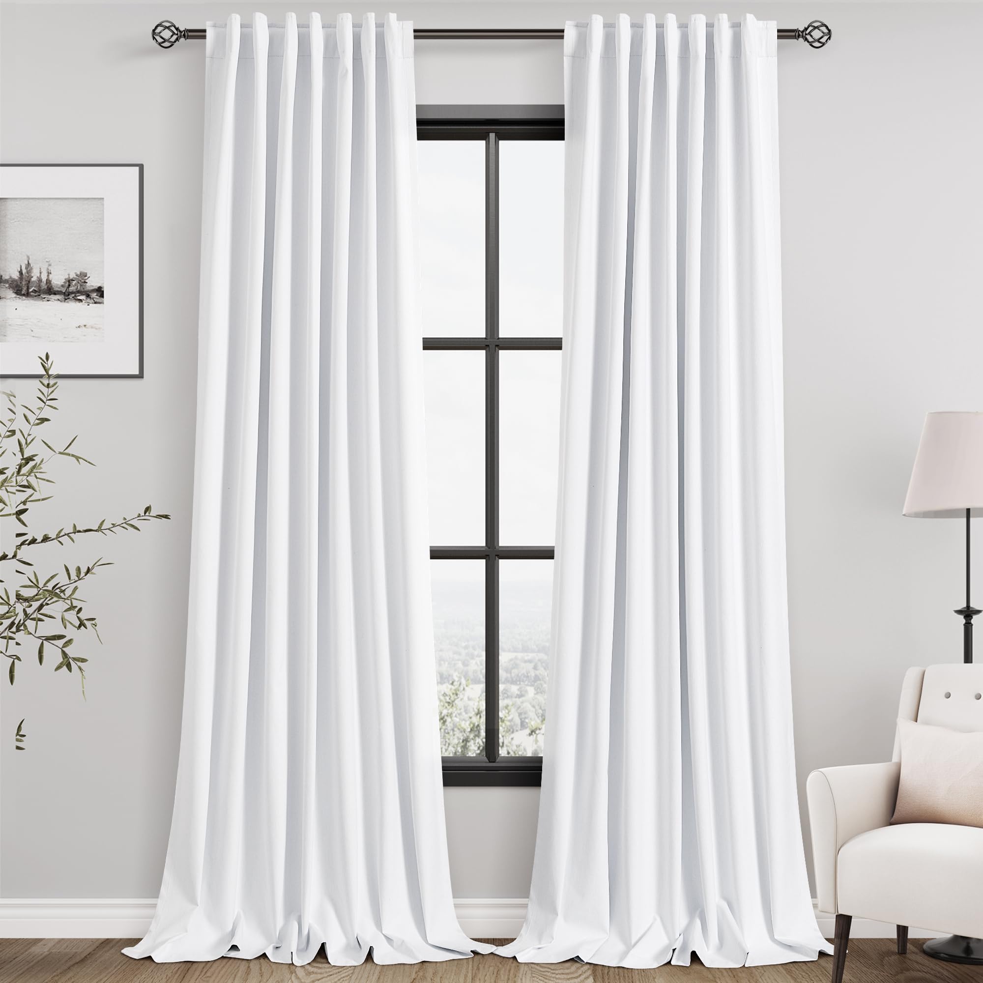 Photo 1 of Blackout White Linen Curtains 96 Inches Long, Back Tab Full Light Block Out Curtains 2 Panels for Bedroom Windows, Textured Long Draperies with Liner Floor to Ceiling Length 8 Ft Pure White