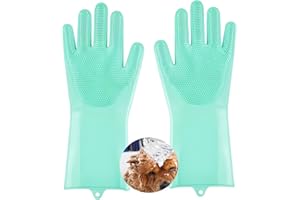 PEOKPIPLE 1 pairs Silicone Dishwashing & Pet Grooming Gloves - 2-in-1 Heat Resistant Gloves with High-Density Teeth, Enhanced Five Finger Design for Bathing, Cleaning Dishes, Cars, Dogs & Cats(Green)