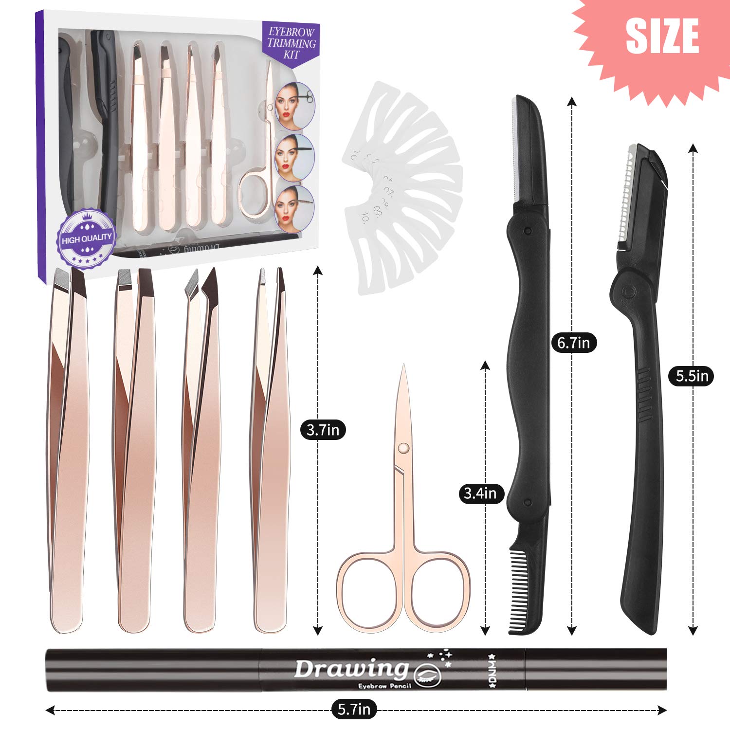 Eyebrow Razor Kit for Women, Grooming Tools with 4 PCS Premium Eyebrow Tweezers, Eyebrow Razor with Comb, Eyebrow Scissors, 10 PCS Eyebrow Stencil Kit (Rose Gold Eyebrow Kit-Dark Brown Eyebrow Pencil): Beauty