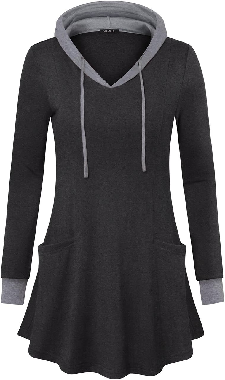 VALOLIA Women's Casual Thin Tunic Hooded Sweatshirt Long Sleeve T Shirt Color Block Pullover Top with Pockets