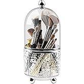 Makeup Brush Holder with Lid Cosmetic Tools Organizer 360 Rotating Make up Brushes Storage for Vanity, Waterproof & Dustproof (Clear)