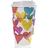 Graphique 12-Pack Disposable to Go Coffee Cups - Rainbow Hearts - 16 oz, with Lids - Perfect for Travel, Home, Parties and More