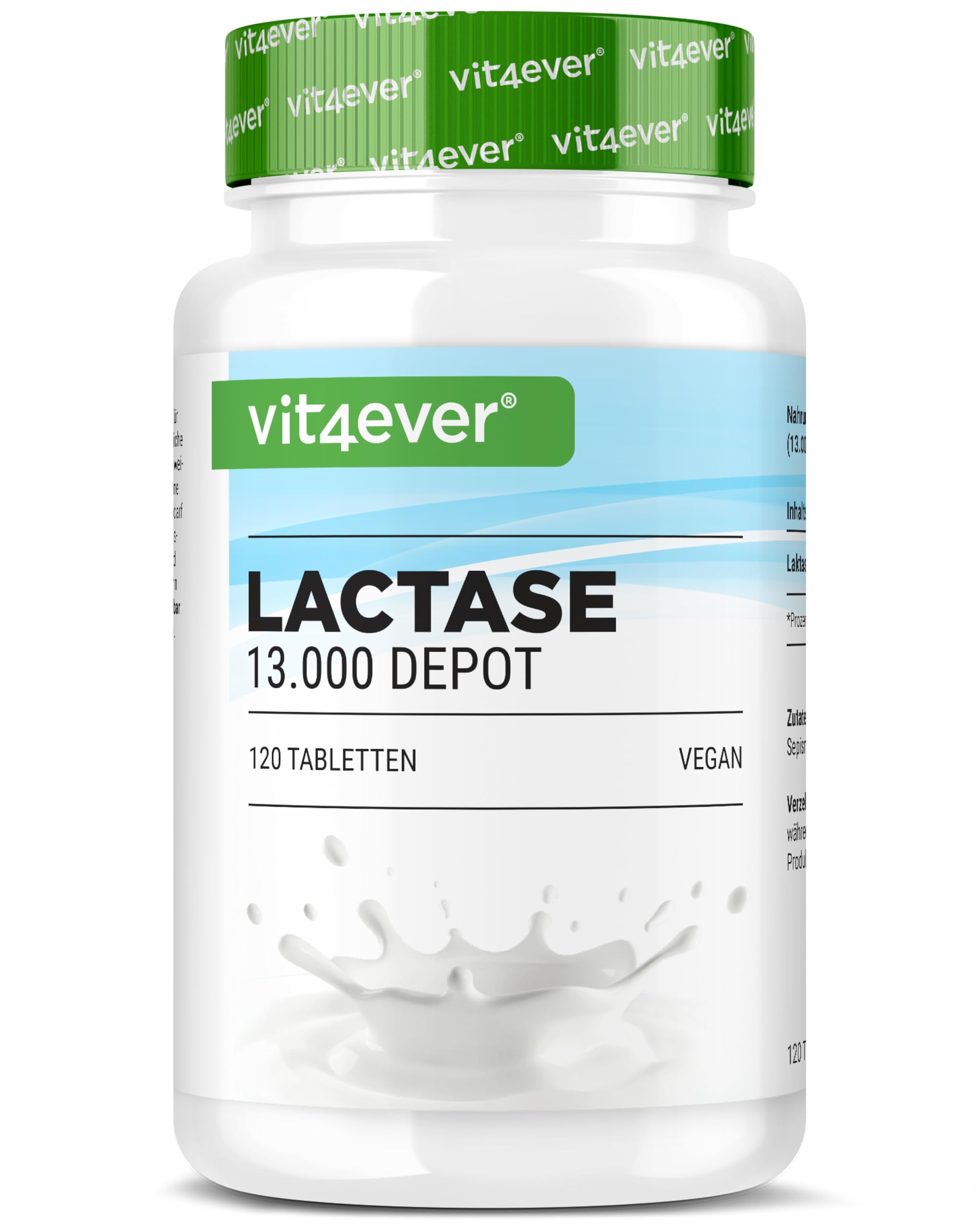 vit4ever Laktase 13.000 Depot - 120 Tabletten mit Depotwirkung (Sepismart® Slow Release) - Hochdosiert mit 13.000 FCC-Einheiten - Bei Laktoseintoleranz + Milchunverträglichkeit - Vegan