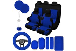 JINGSEN 17 Car Seat Cover Full Set for Women,Universal Car Seat Cover,Plush Steering Wheel Cover,Fluffy Soft Wool Handbrake Gear,Suspension Accessories Full SUV(Patterned Blue)