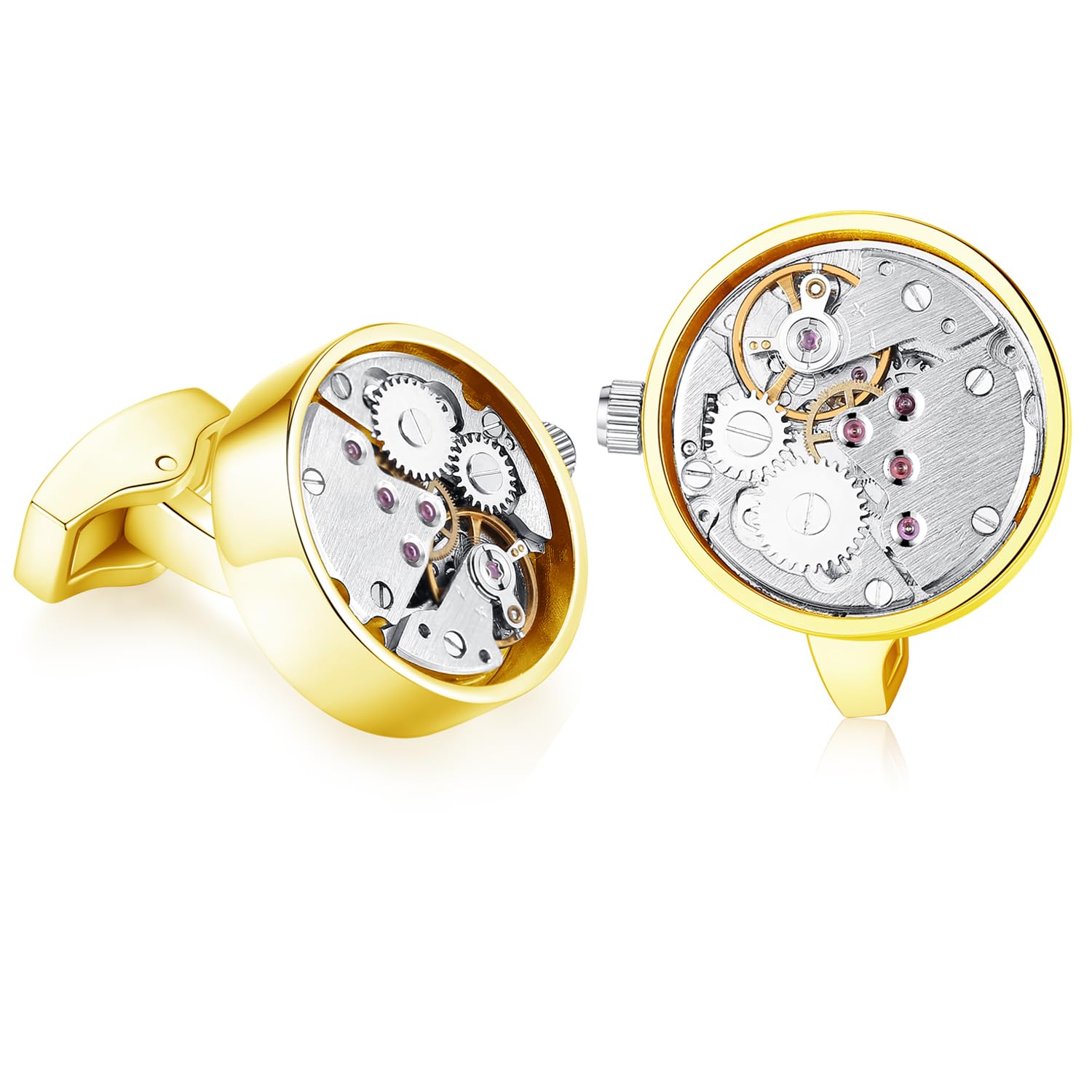 HONEY BEAR Mens Vintage Watch Movement Cufflinks with Box-Working,Steampunk Round Gold
