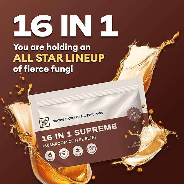 FULLY JOE MUSHROOM INSTANT COFFEE WITH 16 SUPERFOOD MUSHROOMS, INCLUDES LION’S MANE, REISHI, CHAGA, CORDYCEPS MIXED WITH GOURMET ARABICA INSTANT IMMUNE BOOSTING COFFEE FOR FOCUS & GUT HEALTH
