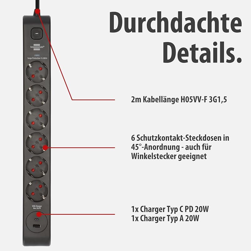 Steckdosenleiste 6-Fach mit USB und Überspannungsschutz