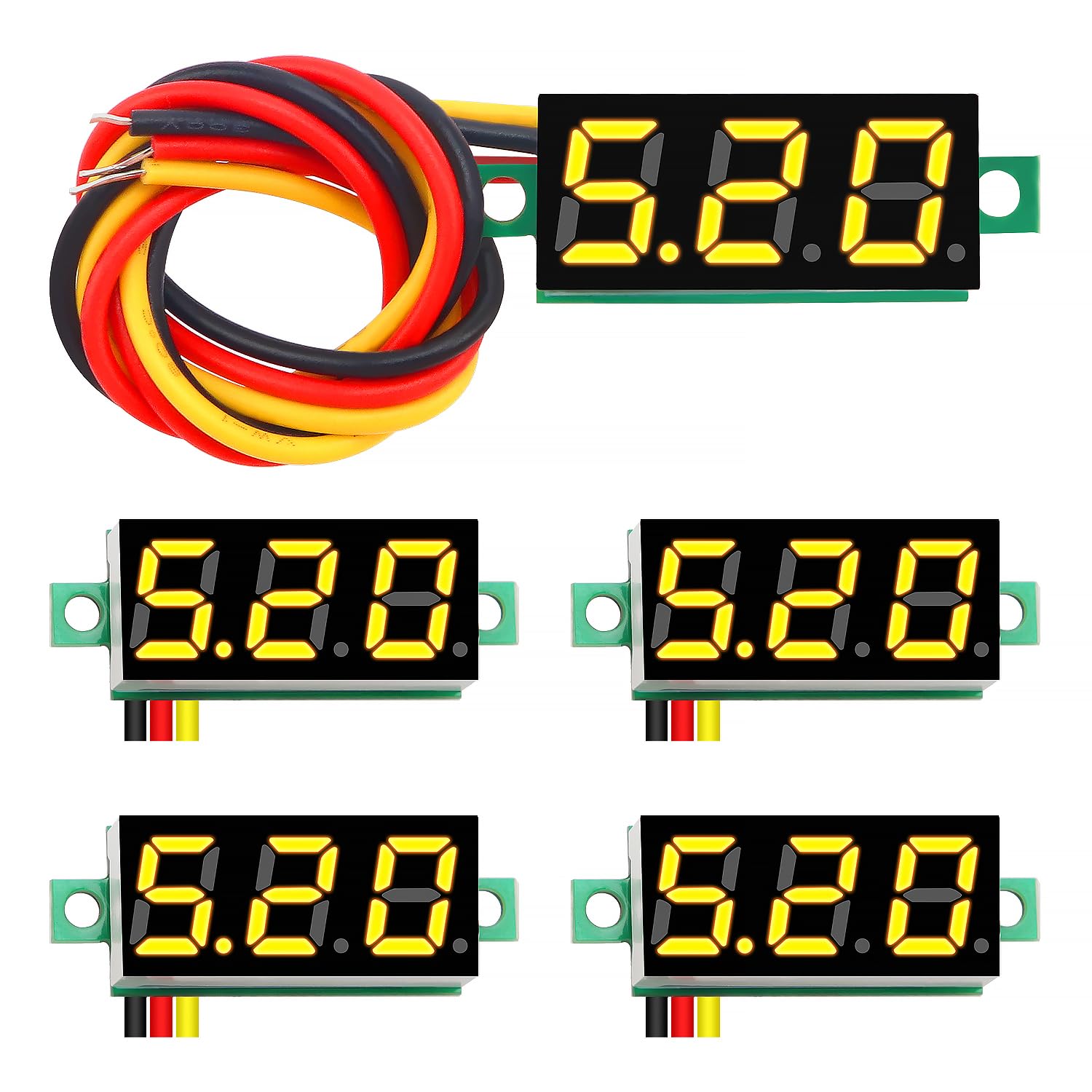 YIXISI 5 PCS DC 0-100V Gauge Tester 0.28", 3 Wires Mini Digital LED Voltmeter Display with Reverse Polarity Protection and Accurate Pressure Measurement Voltage Tester (Yellow)