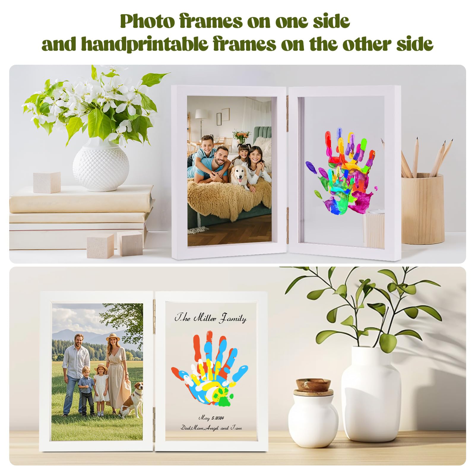 Family Handprint Kit, DIY Baby Hand and Footprint Handmade Keepsake Wooden Frame, Family Gifts with 5 Non-Toxic Baby-Safe Paint, Ideas Gift for New Parents, Grandparents, Father's Day, Mother's Day