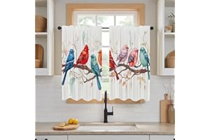 DOTOOMA 26x36Inch Colorful Birds Kitchen Curtain Rustic Farmhouse Watercolor Branch Pattern Small Voile Window Treatment Tier