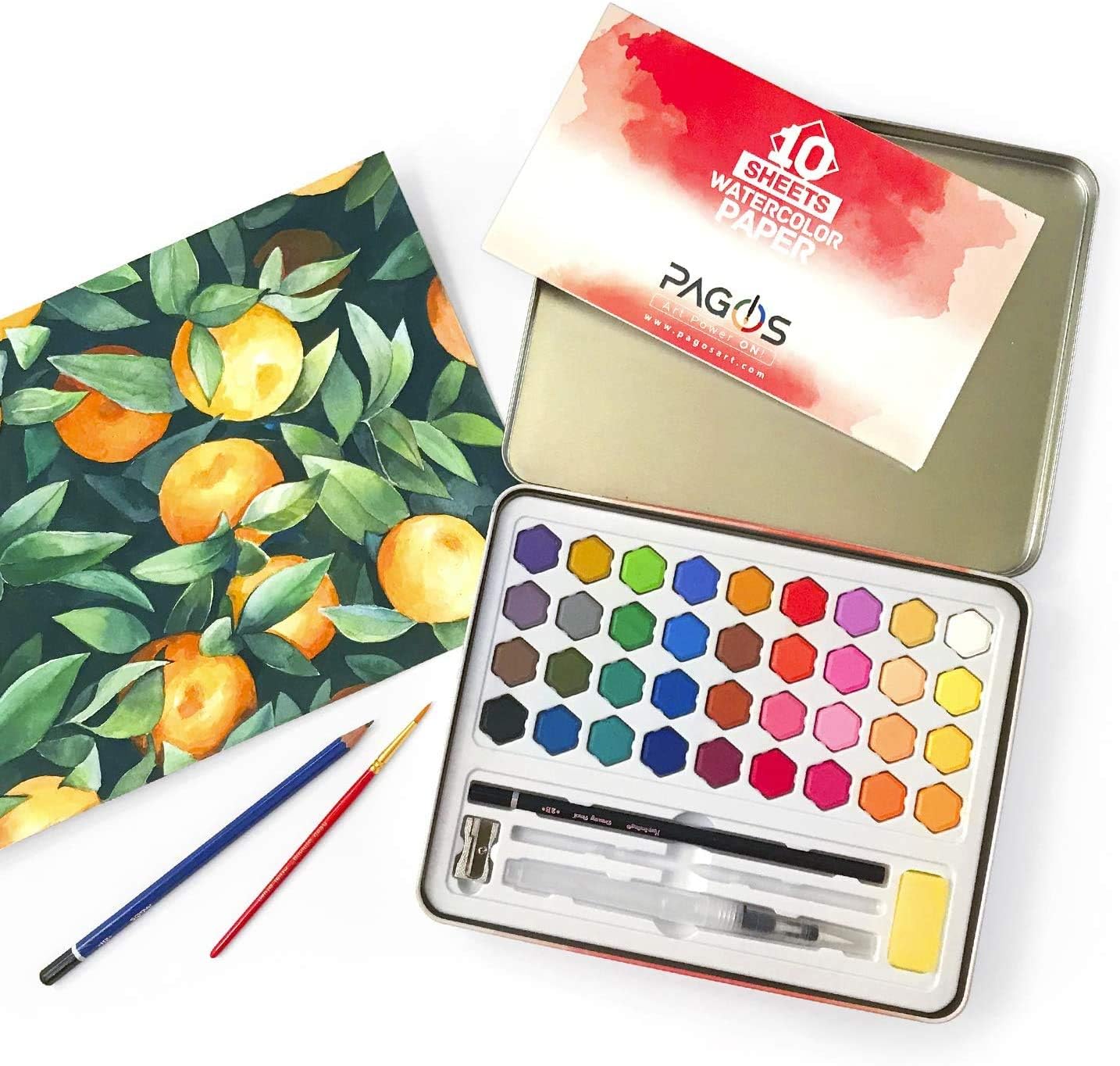 Amazon Com Pagos Watercolor Paint Set Art Kit Of 36 Vivid Colors W 10 Sheets Water Color Paper Refillable Brush Sponge Drawing Pencil Brush Gift Set For Adults Kids Beginners Artists