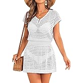 AI'MAGE Women's Swim Coverups Crochet Hollow Out Short Sleeve V Neck Beach Swimsuit Bathing Suit Cover Up Dress XS-XXL