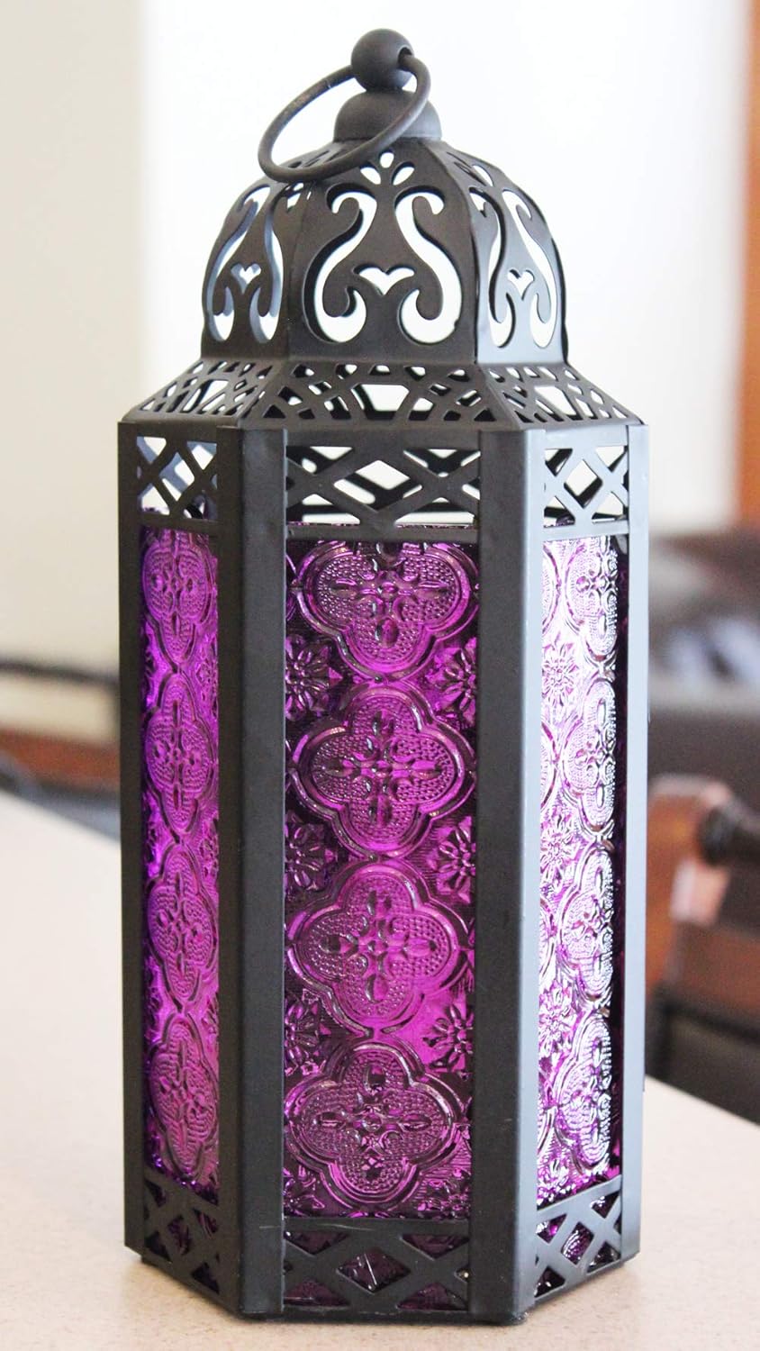Vela Lanterns Moroccan Style Candle Lantern, Medium, Purple Glass: Home & Kitchen