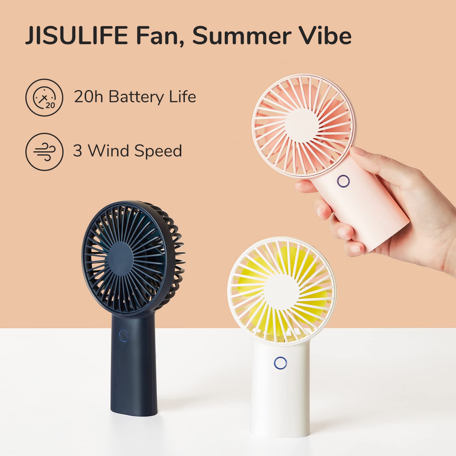 JISULIFE Handheld Fan [20H Max Cooling Time] 4000mAh USB Rechargeable, Battery Operated Portable Fan with 3 Speeds for Travel/Makeup/Office-White